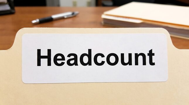 Headcount label on manila file folder, human resources personnel records, corporate staffing and workforce management documentation in office setting
