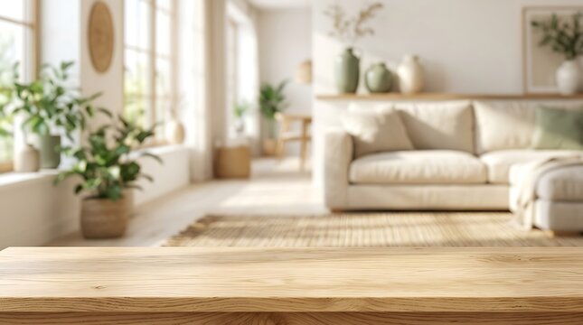 Empty wooden table top in minimalist Japandi living room interior mockup background for product placement lifestyle.