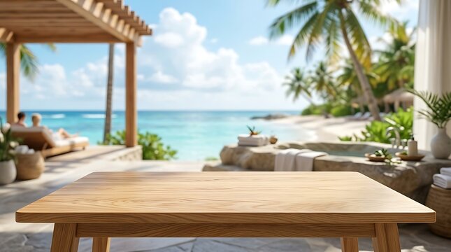 Empty wooden table top on blurred tropical beach resort background for product placement and summer vacation concept