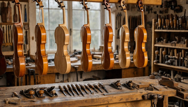 Wooden violins hanging in a row above a workbench filled with woodworking tools in a traditional luthier workshop for instrument making