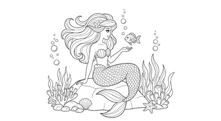 Obraz premium Underwater coloring page of a beautiful mermaid sitting on a rock and looking at a small fish surrounded by seaweed and bubbles.