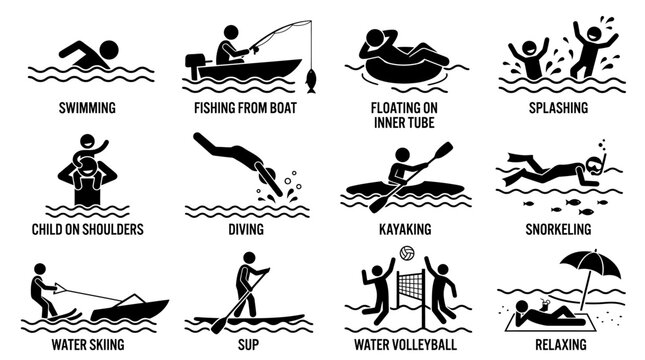 Summer water sports and beach activity vector pictogram set on white background