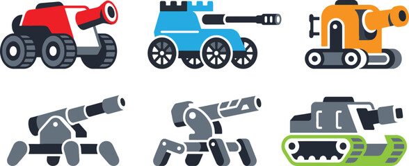 Set of Stylized Military Tank Icons and Futuristic Combat Vehicle Vector Illustrations © MAHDIHASAN