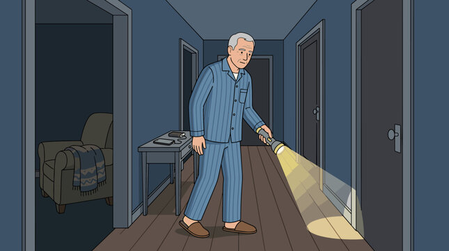 An elderly man in pajamas uses a flashlight to navigate a dark home hallway at night. Cartoon style illustration depicting senior health and safety.