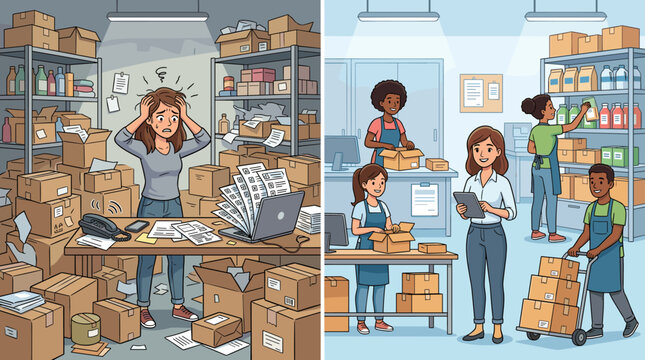 A split illustration showing a stressed worker in a cluttered, disorganized warehouse versus a happy, efficient team organized in a clean modern logistics facility.