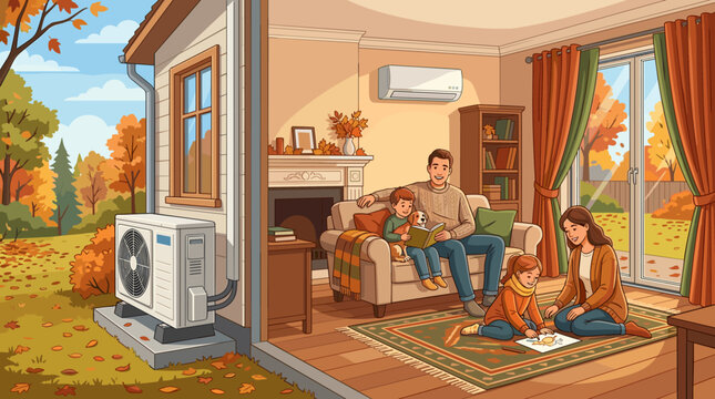 Happy family spending time together in a cozy living room during autumn with an energy efficient air conditioning unit installed outside.