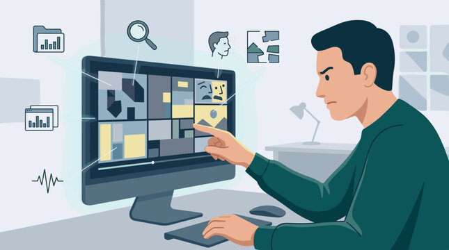 Data analyst reviewing visual content and metadata on a computer screen. Professional flat illustration for technology, business, and software concepts.