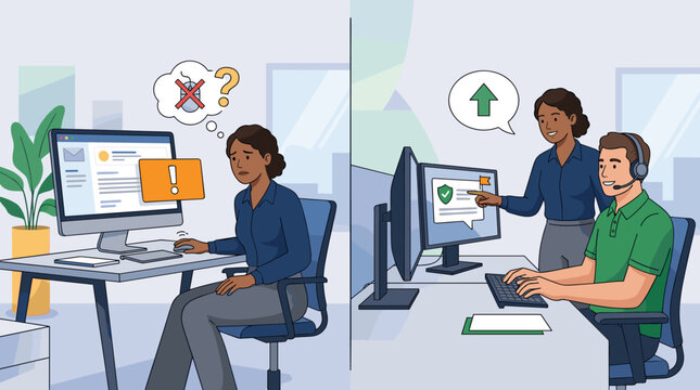 Illustration comparing technical support frustration with successful computer troubleshooting. A worker faces errors, then receives expert help for growth.