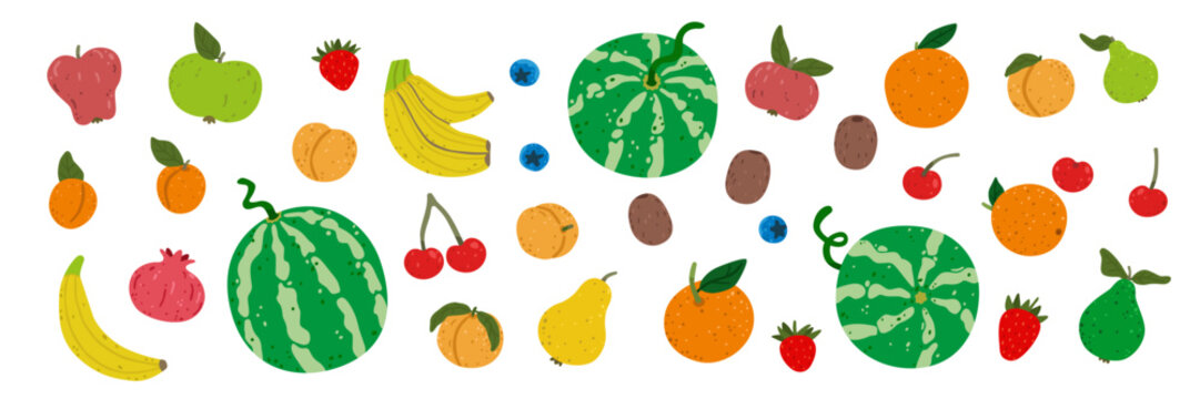 Collection of fresh colorful fruits isolated on white background. Organic healthy food set with popular summer produce for harvest and farm designs. Flat vector illustration.