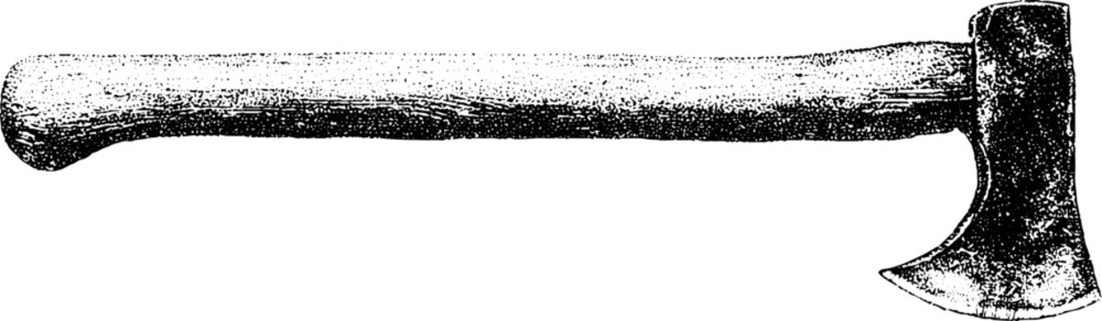 Vintage carved adze and axe tool engraving with curved blade and wooden handle for background or poster design and rustic workshop layout