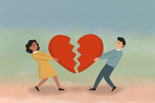 Couple pulling broken heart symbol of toxic relationship