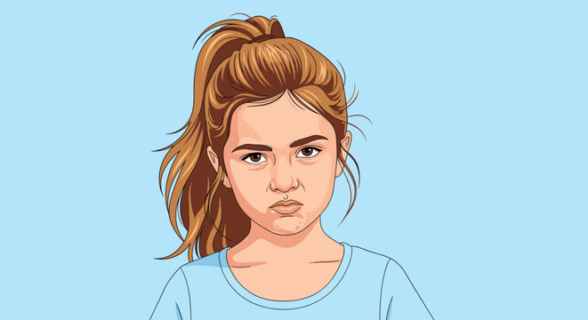 Young girl with a ponytail and a grumpy expression stares directly at the viewer against a solid light blue background.
