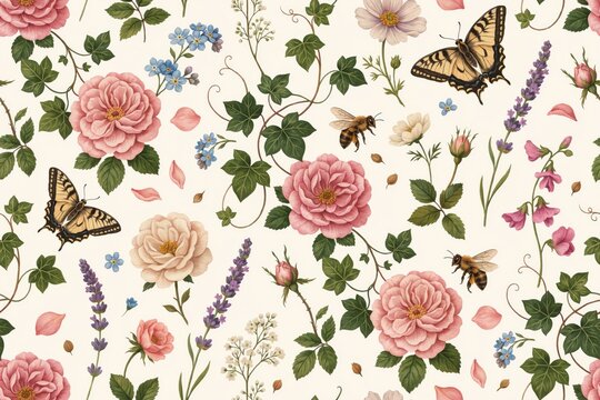 Vintage botanical seamless pattern featuring pink roses, lavender, ivy, butterflies, and honeybees on a light cream background, for fabric