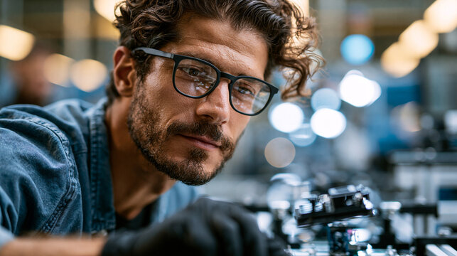 Factory worker pauses automated conveyor to inspect misaligned component, wearing gloves and safety glasses in dramatic smart manufacturing troubleshooting scene