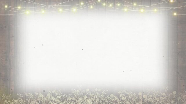 Festive green backdrop with glowing string lights and geometric wooden frames for holiday celebration events and elegant seasonal party decoration with delicate white floral patterns along base