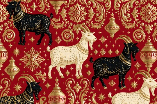 Ornate gold goat pattern on red background