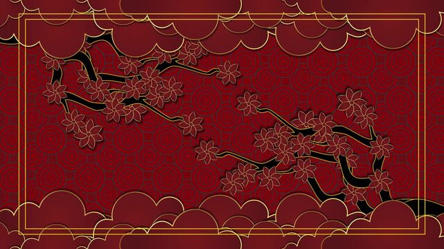Traditional Chinese New Year background with blooming cherry blossom branches, elegant red clouds with gold outlines, oriental circular pattern, festive papercut style animation for Mid-Autumn