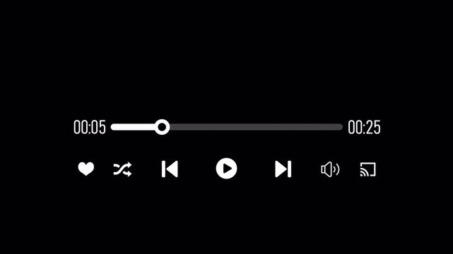 Modern Audio and Video Player Interface Animation on Transparent Background, Interactive Media Playback Controls Overlay, 4K with Alpha Channel