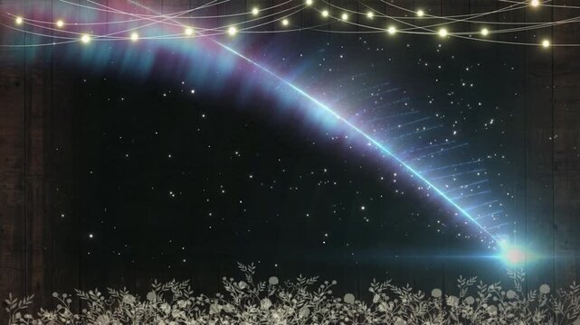 Festive dark wooden background with glowing string lights and a bright shooting star streak across the night sky for holiday event celebration with floral silhouettes