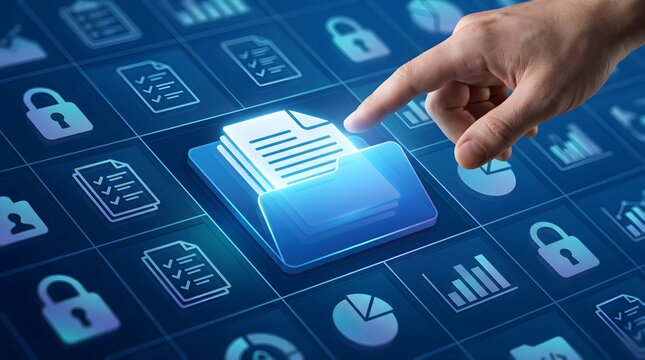 Document management system DMS in business. Digital file archive storage technology. Businessman touching file icon on many folders.