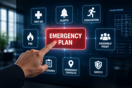 Hand taps "Emergency Plan" on a digital interface. Buttons show safety, evacuation, and contacts. Screen glows with urgent, organized response tools