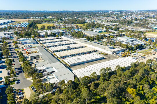 Aerial photograph of a large and developing industrial precinct consisting of a wide range of manufacturing and warehouse buildings in the Western Sydney city of Penrith in New South Wales, Australia