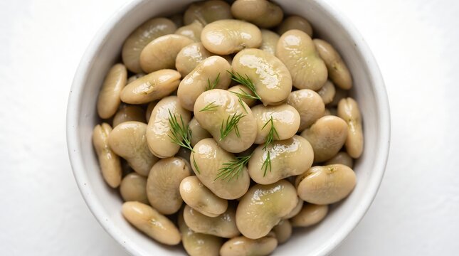Close-up shot of a white bowl filled with cooked lima beans garnished with fresh dill, perfect for healthy eating and culinary inspiration