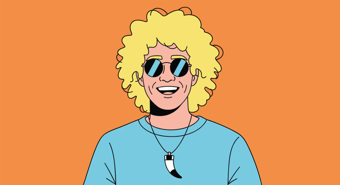 Smiling young man with big blonde afro hair and sunglasses wearing blue t-shirt and tooth necklace on orange background.