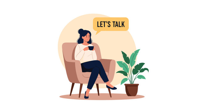 Young woman sitting in an armchair with a cup of coffee and a speech bubble saying lets talk for conversation concept idea.