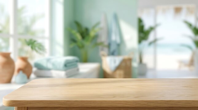 Empty Wood Table for Product Display with Blurred Spa Bathroom Coastal Interior Background and Bright Sunny Daylight