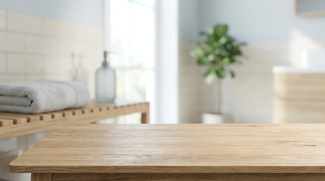 Empty Wooden Table Surface in Bright Modern Bathroom Interior Background for Product Display and Mockup Presentation.