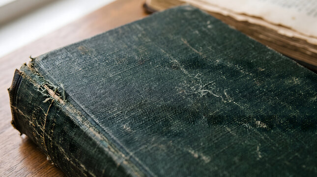 Worn Dark Green Vintage Book Cover on Wooden Table