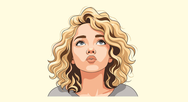Beautiful young woman with blonde curly hair looking upwards with a playful expression and puckered lips as if blowing a gentle kiss.