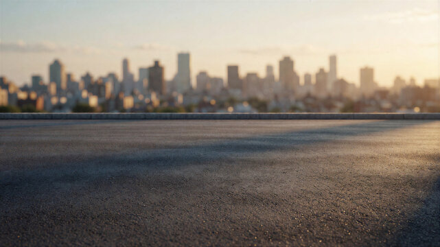 Eine strukturierte Asphaltfl&auml;che bildet den Vordergrund, w&auml;hrend eine unscharfe Skyline im Hintergrund f&uuml;r urbanes Ambiente sorgt.Platz f&uuml;r text. KI Generiert 