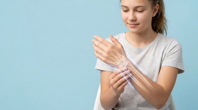 Teenager holding wrist with a digital bone visualization overlay for medical anatomy study