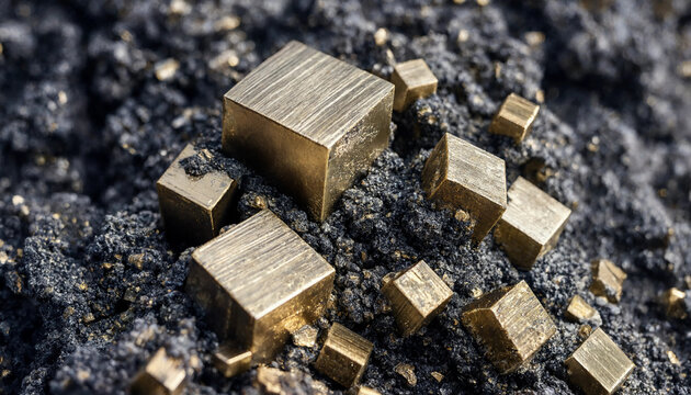 Natural cubic pyrite crystals embedded in dark grey mineral matrix showing metallic gold luster and geometric shapes in a macro view