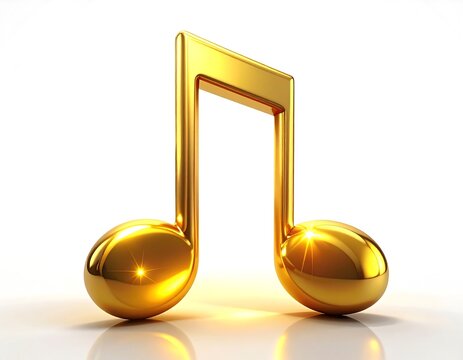 A shiny gold musical eighth note symbol stands on a reflective white surface, casting shadows and displaying strong lighting