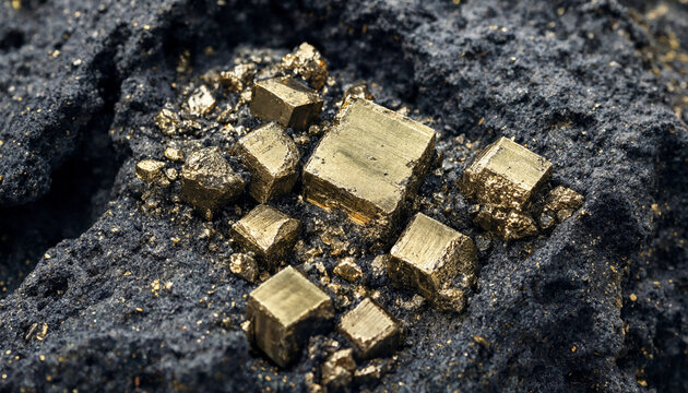 Natural gold pyrite crystals with cubic shapes embedded in a dark volcanic rock matrix, showcasing metallic luster and geometric mineral structure