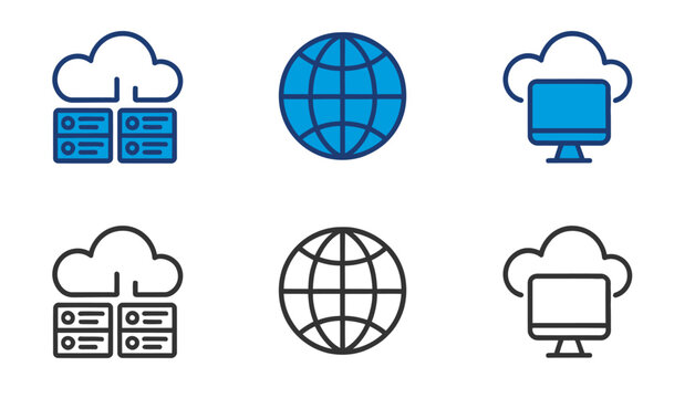 Cloud computing icons set server globe and desktop line and filled styles