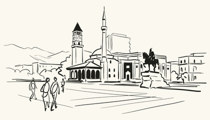 Fototapeta premium Hand-drawn ink sketch of Tirana Albania city square featuring mosque and clock tower