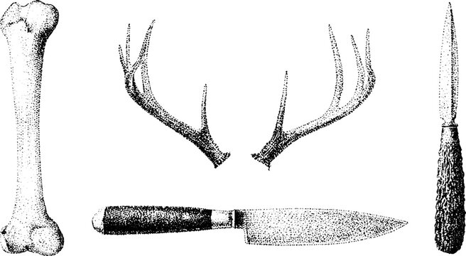 Stipple study of bone fragments antler pairs and carving knives in black and white for historical craft reference and rustic workshop background design
