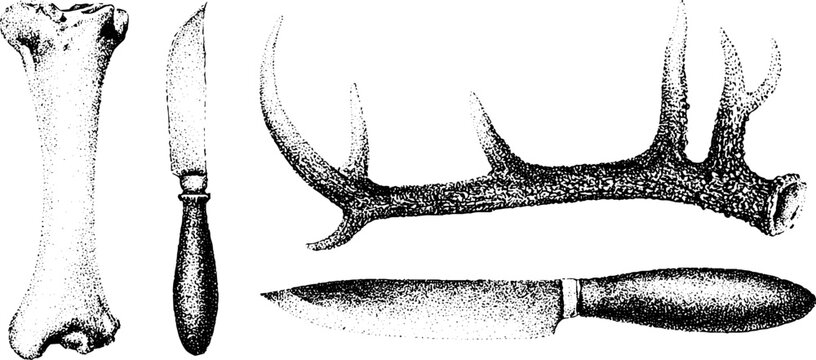 Black and white stipple composition of bone carver tools with deer antler and knife for vintage craft reference plate and workshop background