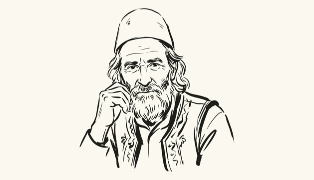 Hand drawn ink sketch of elderly Albanian man wearing traditional qeleshe hat and vest