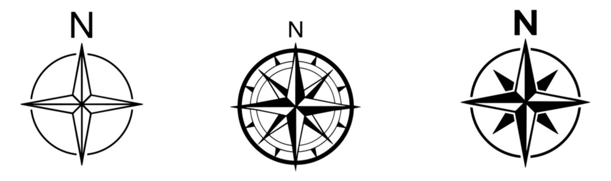 Wind compass rose icons indicating north direction, nautical star outline design elements for map navigation on transparent background