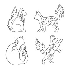 Cat line art thai kanok flame leaf traditional botanical set © BlackGroundMeYou 