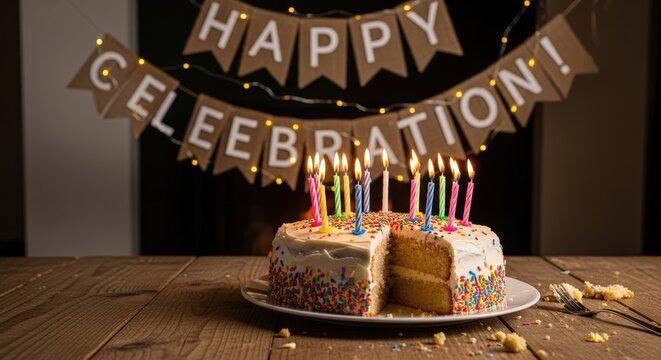 Birthday cake with candles, celebration banner, party dessert, colorful sprinkles