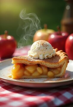 Rustic Apple Pie Slice with Vanilla Ice Cream on Classic Checkered Picnic Cloth