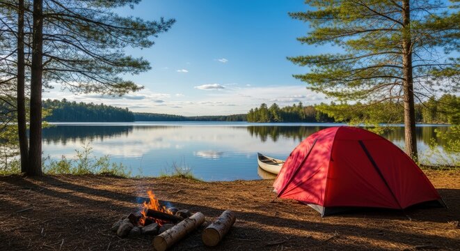Camping, outdoor adventure, serene lake scene, red tent