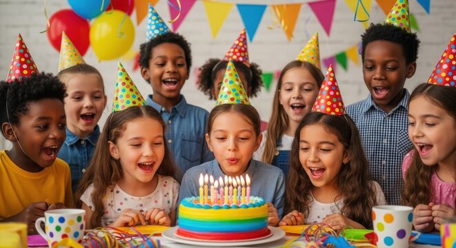 Happy birthday celebration, kids blowing candles, colorful party decorations, children laughing