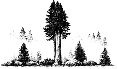 Obraz premium Black and white stippled coastal redwood tree with fog and understory pines for background and poster design